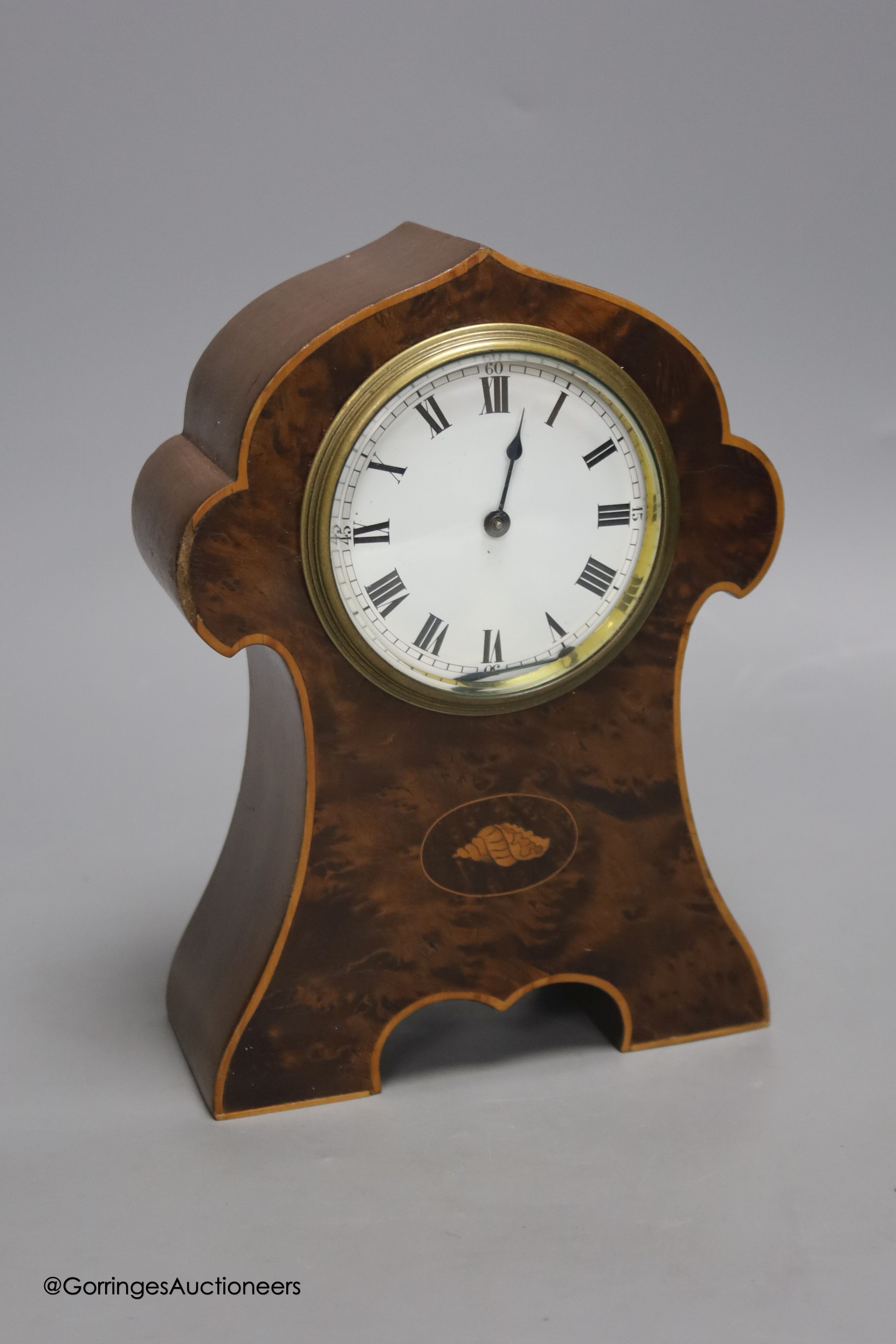An Edwardian burr yew mantel clock, height 22cm, French drum movement